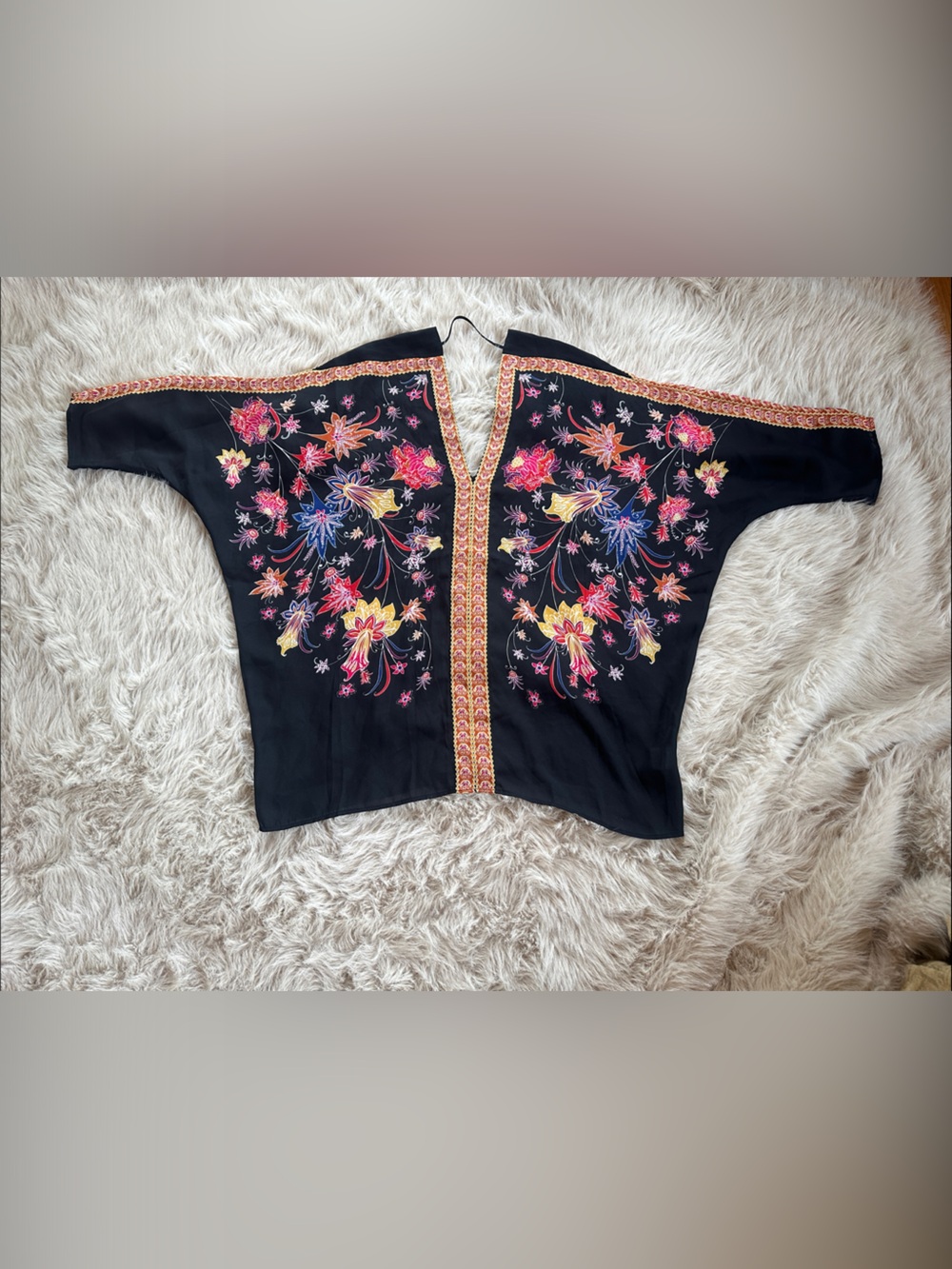 Rose & Olive Black Floral-Trim Blouse